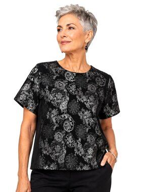 Paniz Black Silver Brocade Print Short Sleeve Top